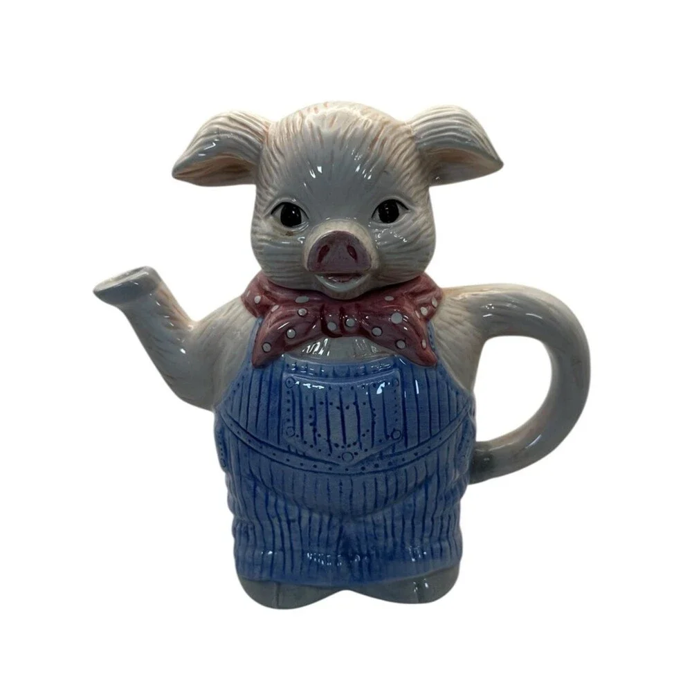 Pig Teapot Ceramic Farmhouse Cottagecore Country Pig Pitcher Blue Overalls Cute